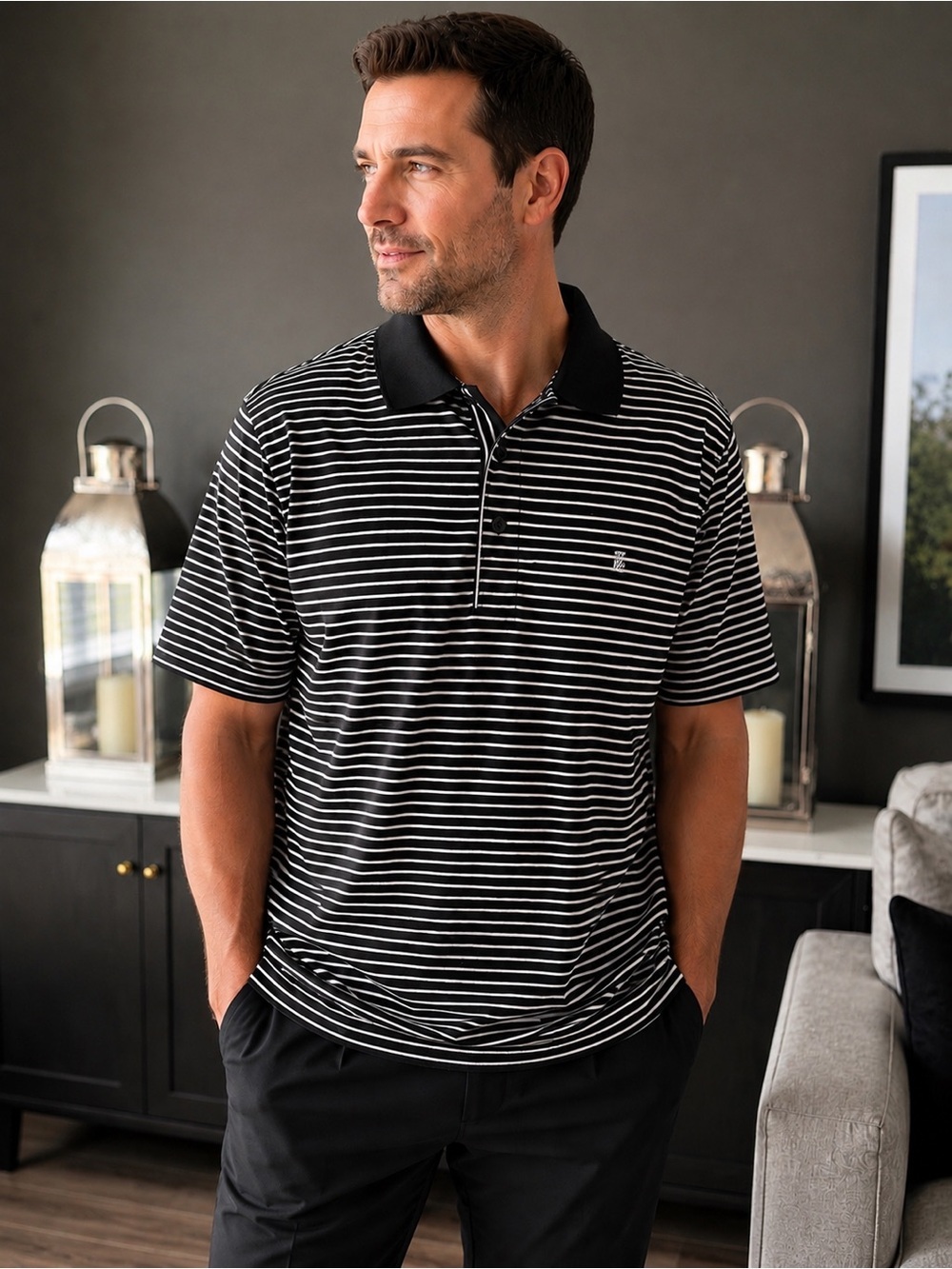 IZOD Golf Black White Striped Performance Polo Shirt XXL